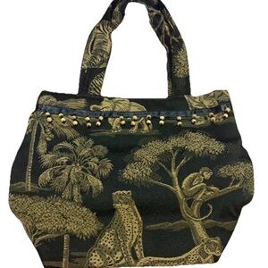 Vintage Safari Tapestry Tote Bag Handbag Woven African Animal Print Black Beads
